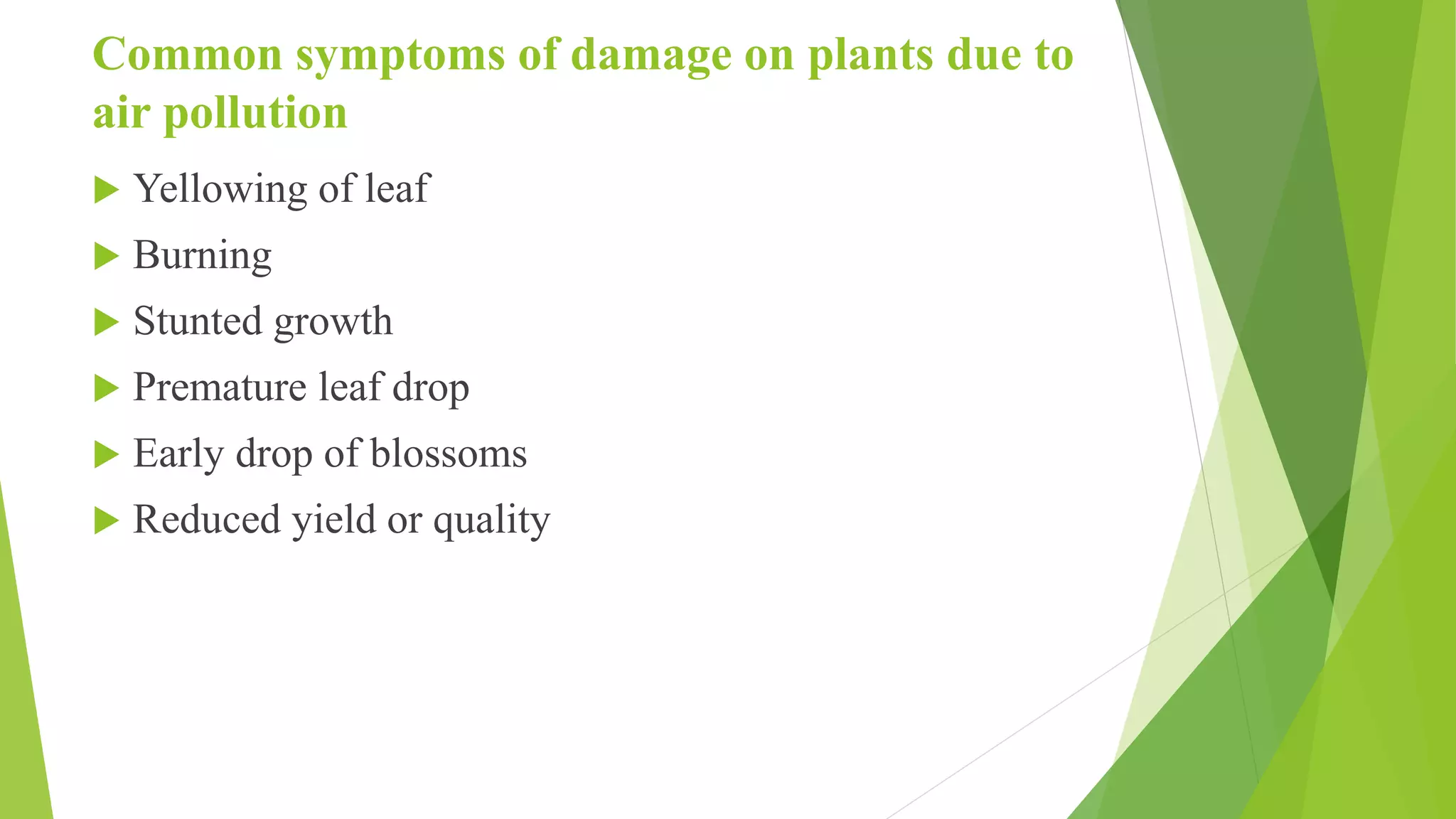 Common symptoms of damage on plants due to
air pollution
 Yellowing of leaf
 Burning
 Stunted growth
 Premature leaf drop
 Early drop of blossoms
 Reduced yield or quality
 