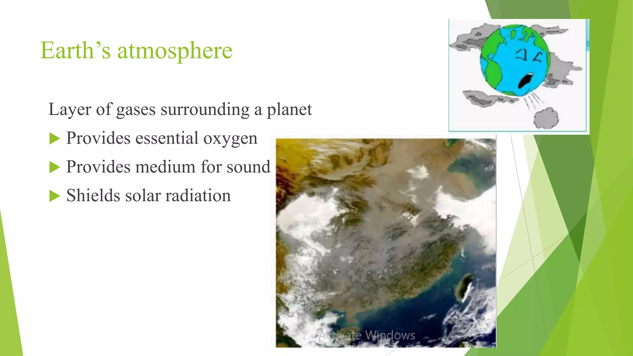 Earth’s atmosphere
Layer of gases surrounding a planet
 Provides essential oxygen
 Provides medium for sound
 Shields solar radiation
 