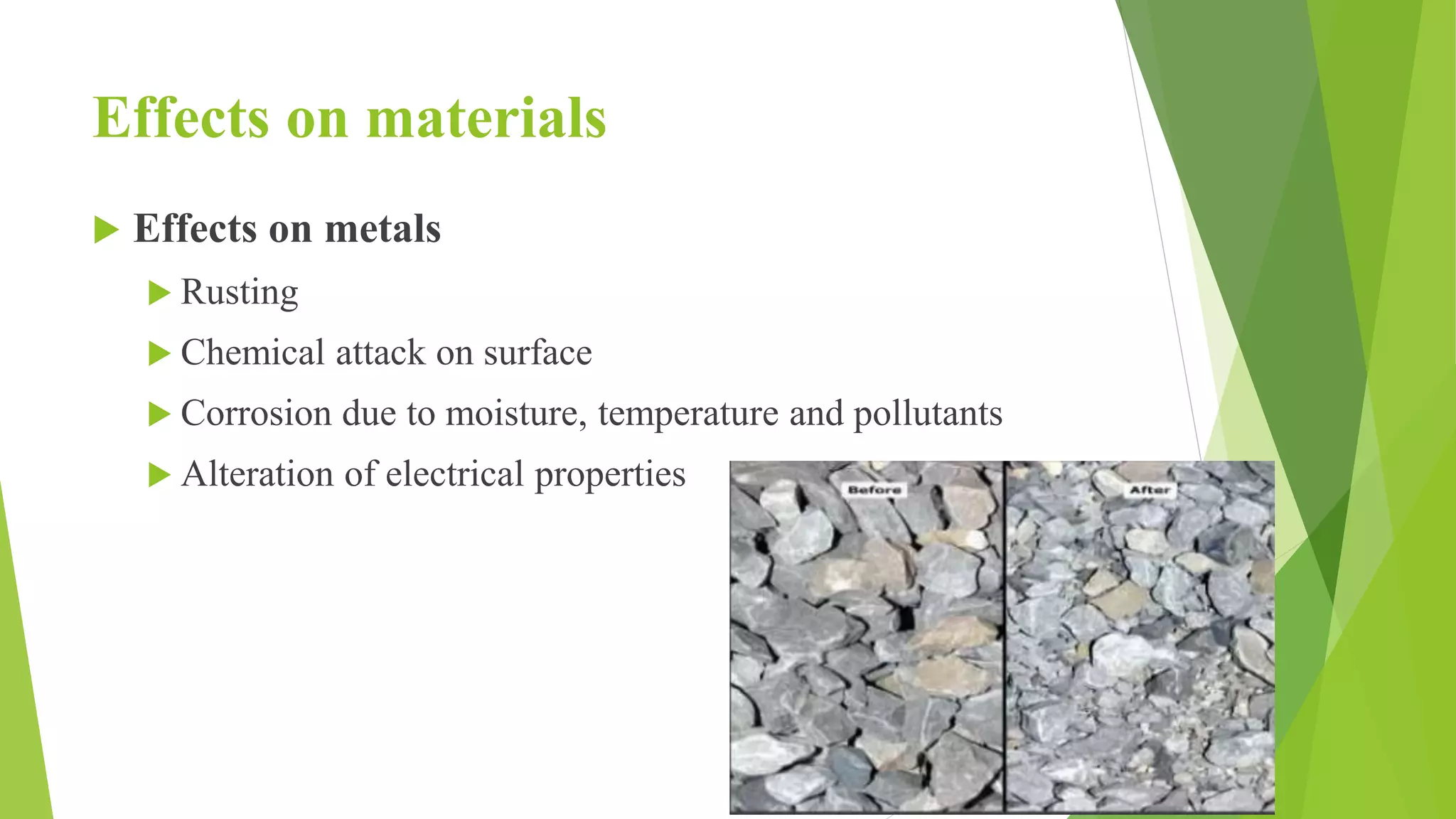 Effects on materials
 Effects on metals
 Rusting
 Chemical attack on surface
 Corrosion due to moisture, temperature and pollutants
 Alteration of electrical properties
 