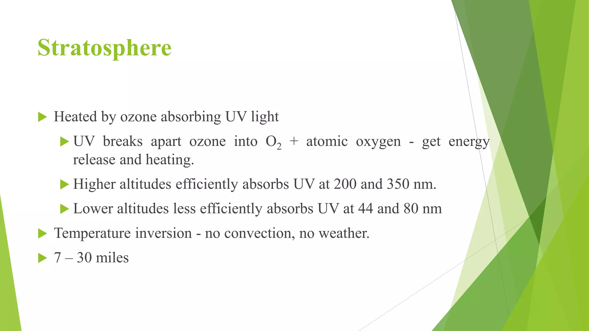 Stratosphere
 Heated by ozone absorbing UV light
 UV breaks apart ozone into O2 + atomic oxygen - get energy
release and heating.
 Higher altitudes efficiently absorbs UV at 200 and 350 nm.
 Lower altitudes less efficiently absorbs UV at 44 and 80 nm
 Temperature inversion - no convection, no weather.
 7 – 30 miles
 