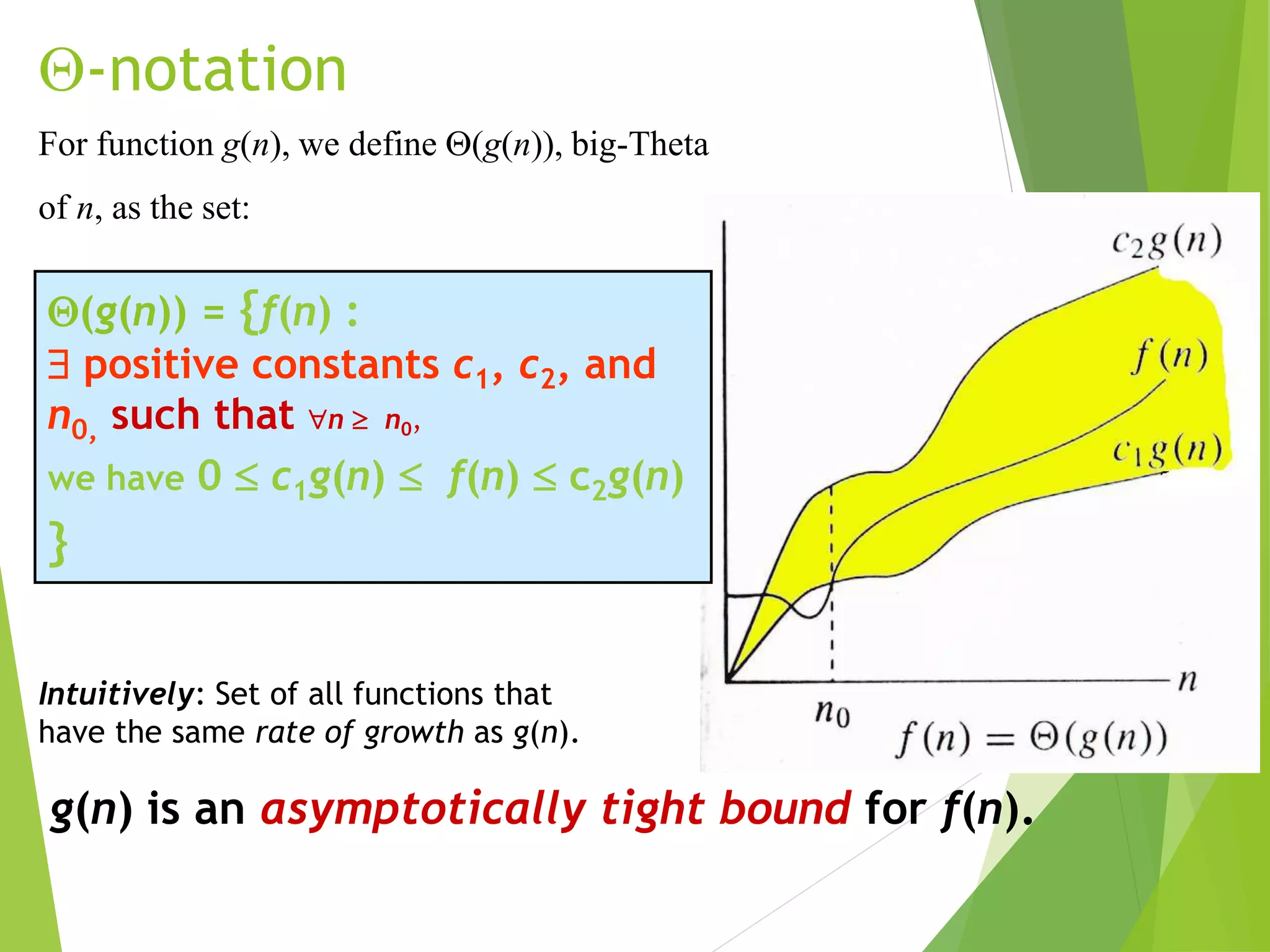 -notation
(g(n)) = {f(n) :
 positive constants c1, c2, and
n0, such that n  n0,
we have 0  c1g(n)  f(n)  c2g(n)
}
For function g(n), we define (g(n)), big-Theta
of n, as the set:
g(n) is an asymptotically tight bound for f(n).
Intuitively: Set of all functions that
have the same rate of growth as g(n).
 