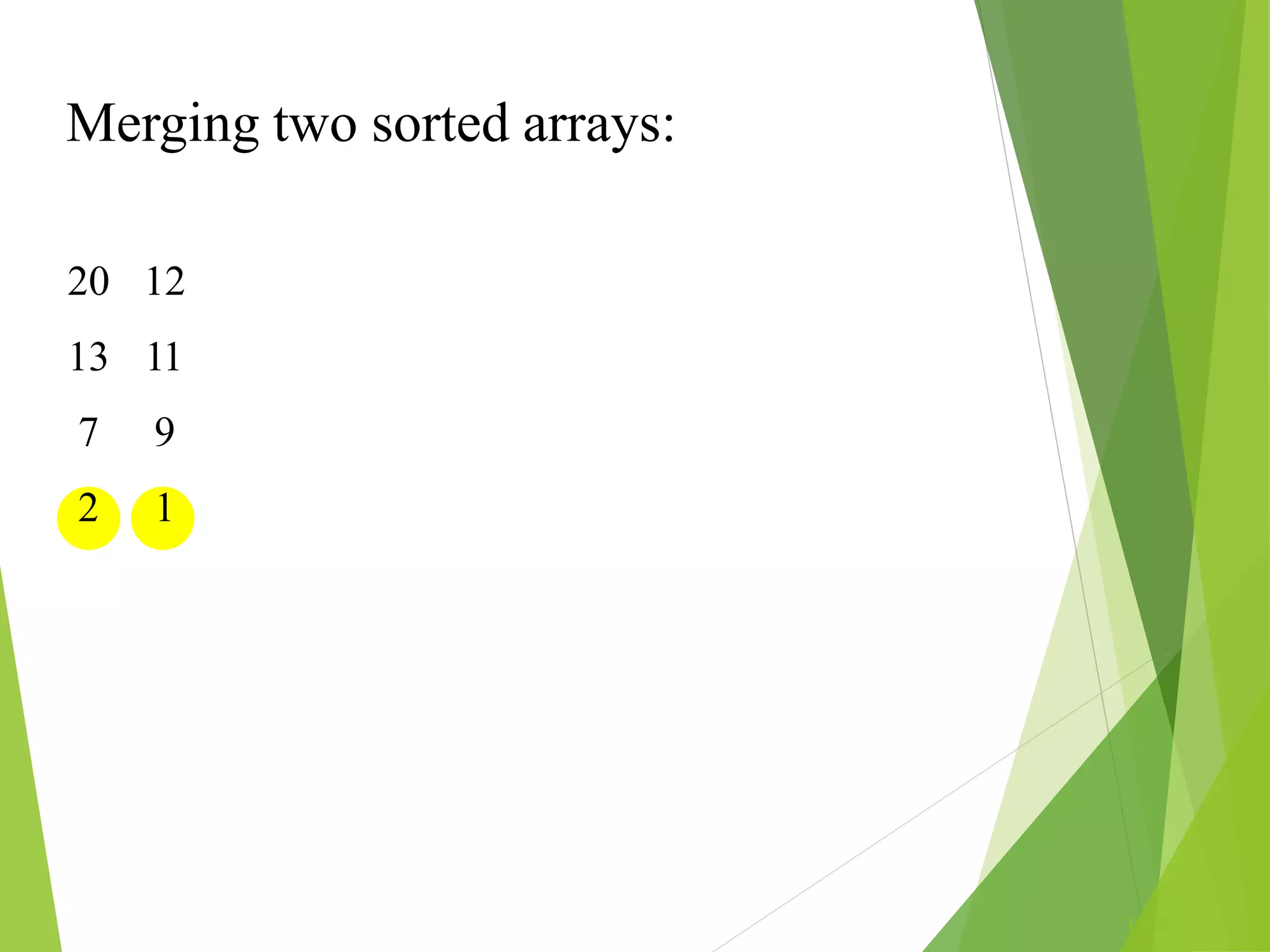 Merging two sorted arrays:
L1.55
20 12
13 11
7 9
2 1
 