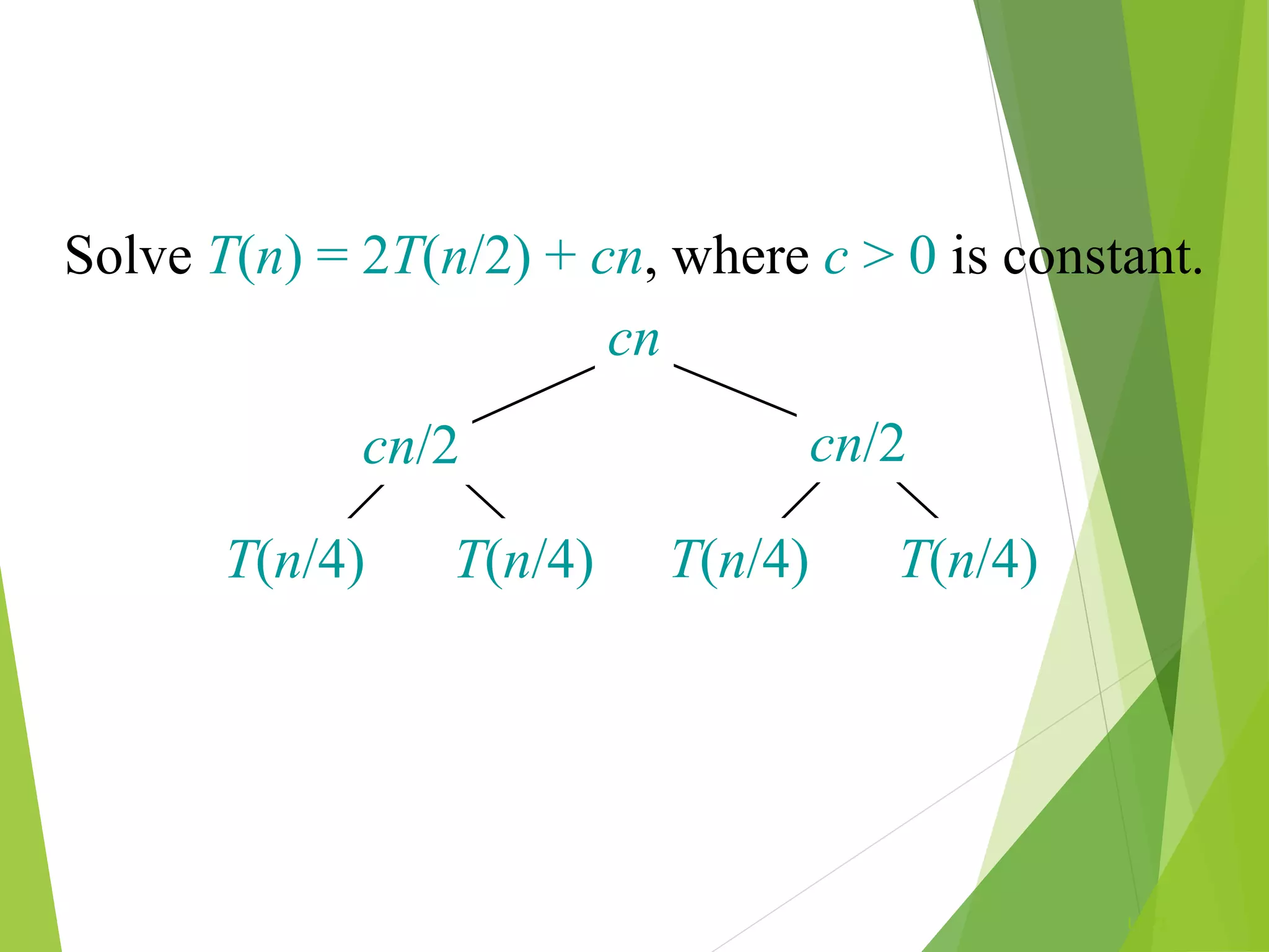 L1.73
Solve T(n) = 2T(n/2) + cn, where c > 0 is constant.
cn
T(n/4) T(n/4) T(n/4) T(n/4)
cn/2 cn/2
 