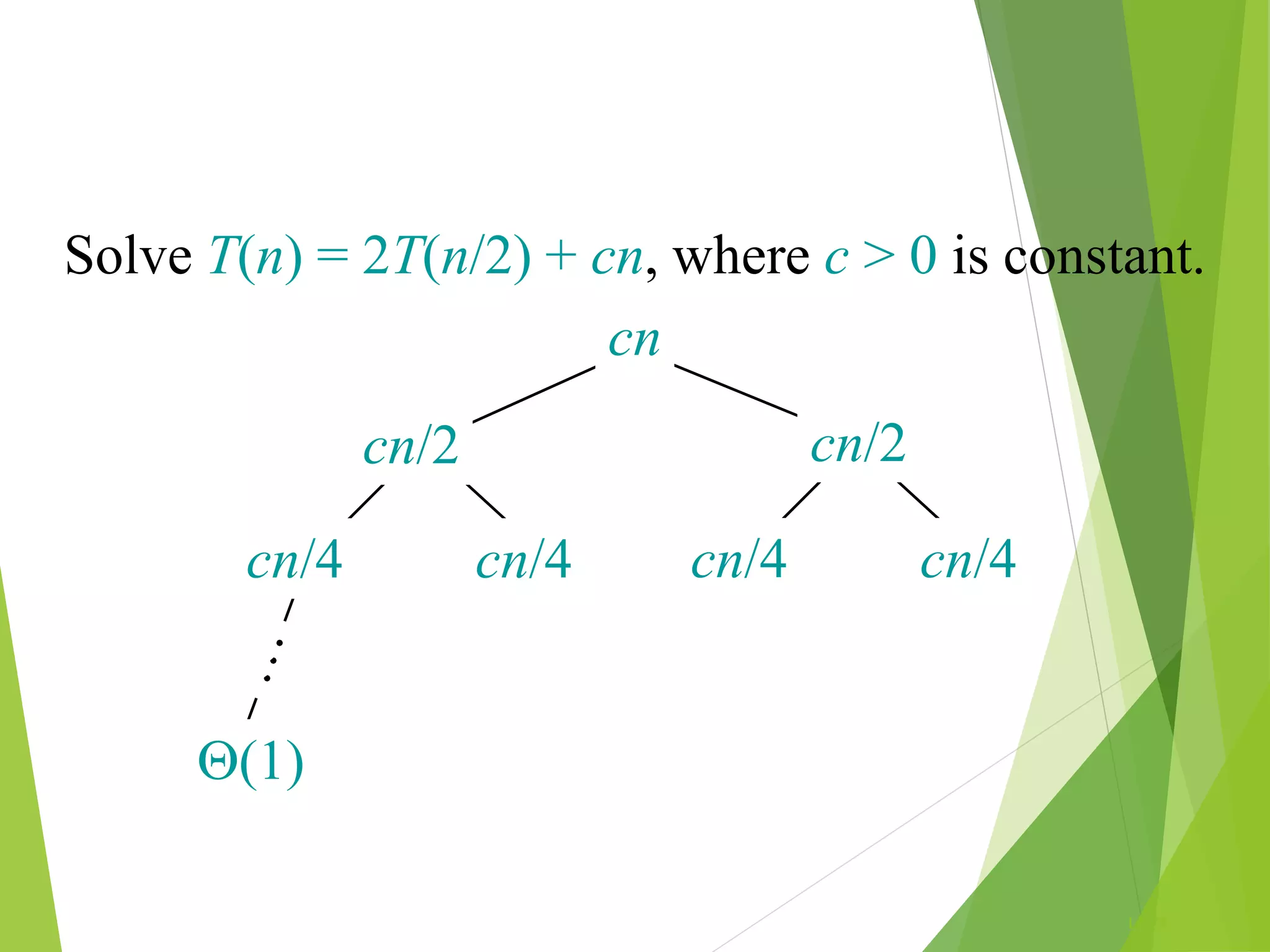L1.74
Solve T(n) = 2T(n/2) + cn, where c > 0 is constant.
cn
cn/4 cn/4 cn/4 cn/4
cn/2 cn/2
(1)
 