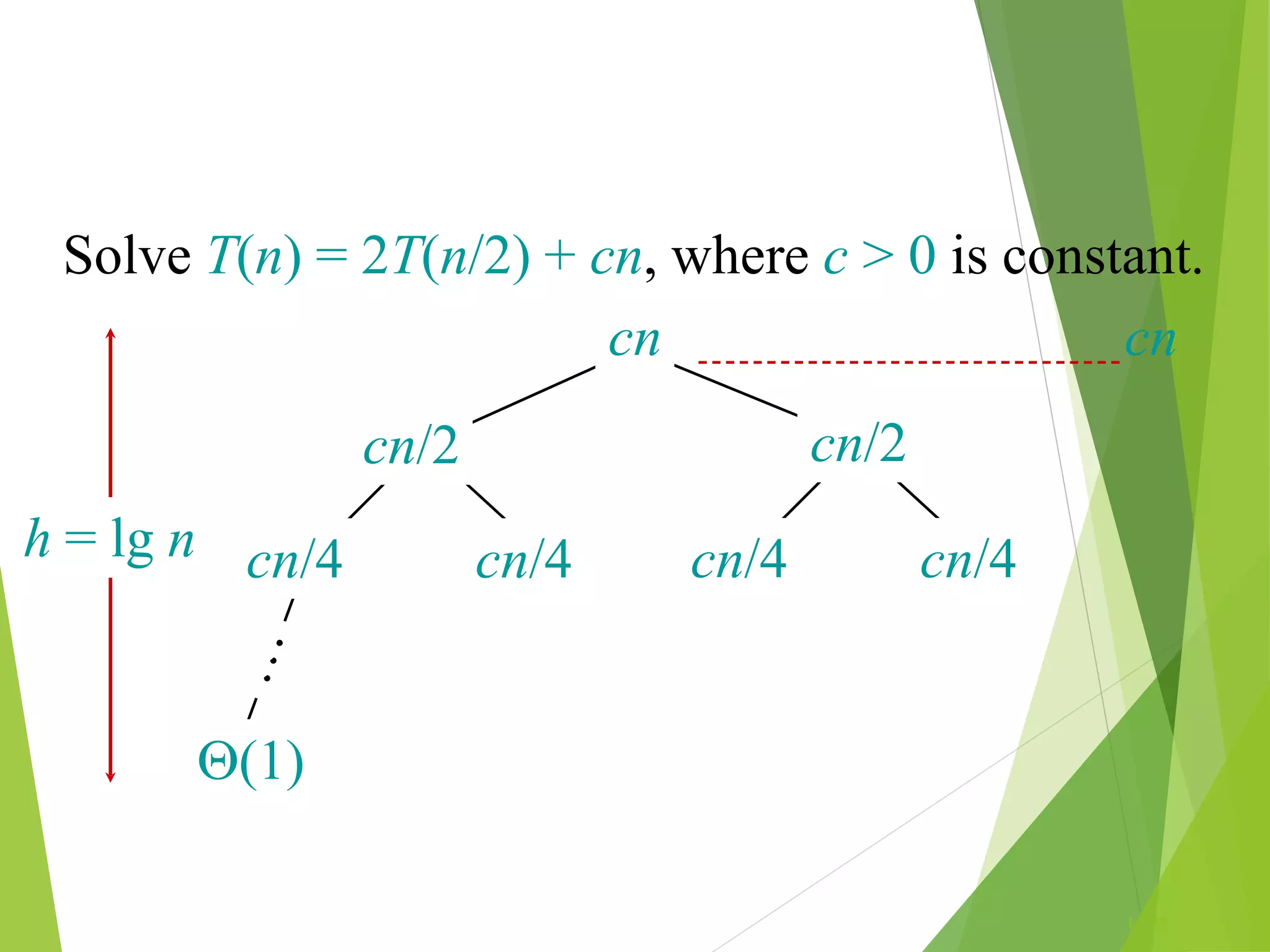 L1.76
cn/4 cn/4 cn/4 cn/4
cn/2 cn/2
(1)
h = lg n
Solve T(n) = 2T(n/2) + cn, where c > 0 is constant.
cn cn
 
