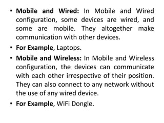 • Mobile and Wired: In Mobile and Wired
configuration, some devices are wired, and
some are mobile. They altogether make
communication with other devices.
• For Example, Laptops.
• Mobile and Wireless: In Mobile and Wireless
configuration, the devices can communicate
with each other irrespective of their position.
They can also connect to any network without
the use of any wired device.
• For Example, WiFi Dongle.
 