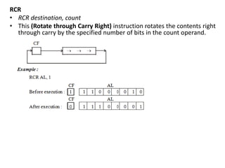RCR
• RCR destination, count
• This (Rotate through Carry Right) instruction rotates the contents right
through carry by the specified number of bits in the count operand.
 