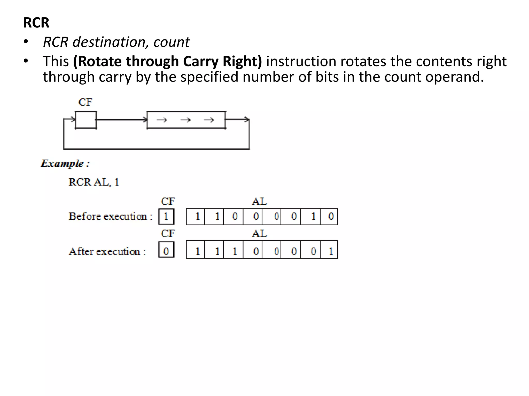 RCR
• RCR destination, count
• This (Rotate through Carry Right) instruction rotates the contents right
through carry by the specified number of bits in the count operand.
 