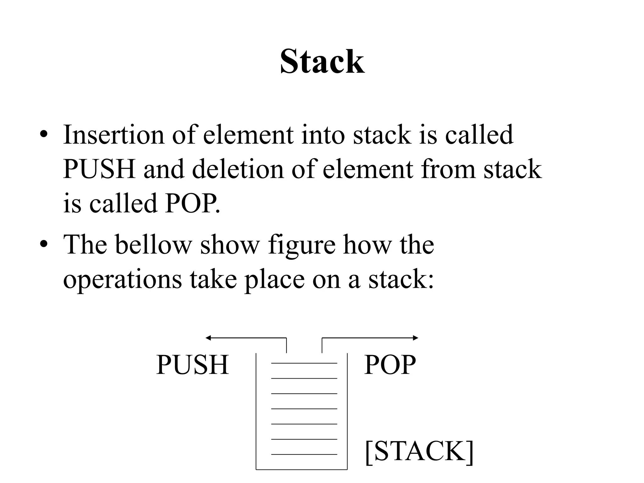 Stack
• Insertion of element into stack is called
PUSH and deletion of element from stack
is called POP.
• The bellow show figure how the
operations take place on a stack:
PUSH POP
[STACK]
 