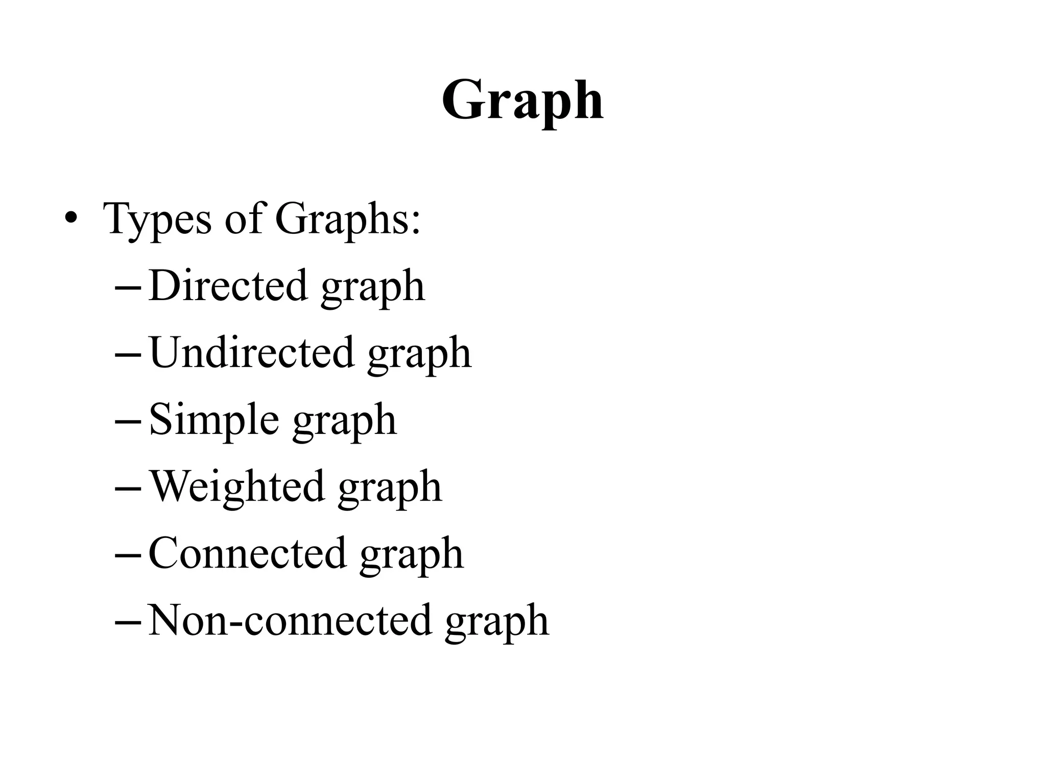 Graph
• Types of Graphs:
–Directed graph
–Undirected graph
–Simple graph
–Weighted graph
–Connected graph
–Non-connected graph
 