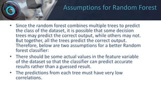 Assumptions for Random Forest
• Since the random forest combines multiple trees to predict
the class of the dataset, it is possible that some decision
trees may predict the correct output, while others may not.
But together, all the trees predict the correct output.
Therefore, below are two assumptions for a better Random
forest classifier:
• There should be some actual values in the feature variable
of the dataset so that the classifier can predict accurate
results rather than a guessed result.
• The predictions from each tree must have very low
correlations.
 