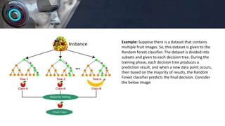 Example: Suppose there is a dataset that contains
multiple fruit images. So, this dataset is given to the
Random forest classifier. The dataset is divided into
subsets and given to each decision tree. During the
training phase, each decision tree produces a
prediction result, and when a new data point occurs,
then based on the majority of results, the Random
Forest classifier predicts the final decision. Consider
the below image:
 