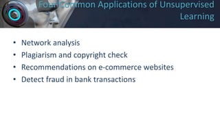 Four Common Applications of Unsupervised
Learning
• Network analysis
• Plagiarism and copyright check
• Recommendations on e-commerce websites
• Detect fraud in bank transactions
 