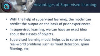 Advantages of Supervised learning:
• With the help of supervised learning, the model can
predict the output on the basis of prior experiences.
• In supervised learning, we can have an exact idea
about the classes of objects.
• Supervised learning model helps us to solve various
real-world problems such as fraud detection, spam
filtering, etc.
 