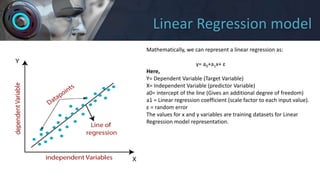 Linear Regression model
Mathematically, we can represent a linear regression as:
y= a0+a1x+ ε
Here,
Y= Dependent Variable (Target Variable)
X= Independent Variable (predictor Variable)
a0= intercept of the line (Gives an additional degree of freedom)
a1 = Linear regression coefficient (scale factor to each input value).
ε = random error
The values for x and y variables are training datasets for Linear
Regression model representation.
y= a0+a1x+ ε
 