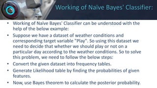 Working of Naïve Bayes' Classifier:
• Working of Naïve Bayes' Classifier can be understood with the
help of the below example:
• Suppose we have a dataset of weather conditions and
corresponding target variable "Play". So using this dataset we
need to decide that whether we should play or not on a
particular day according to the weather conditions. So to solve
this problem, we need to follow the below steps:
• Convert the given dataset into frequency tables.
• Generate Likelihood table by finding the probabilities of given
features.
• Now, use Bayes theorem to calculate the posterior probability.
 