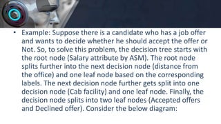 • Example: Suppose there is a candidate who has a job offer
and wants to decide whether he should accept the offer or
Not. So, to solve this problem, the decision tree starts with
the root node (Salary attribute by ASM). The root node
splits further into the next decision node (distance from
the office) and one leaf node based on the corresponding
labels. The next decision node further gets split into one
decision node (Cab facility) and one leaf node. Finally, the
decision node splits into two leaf nodes (Accepted offers
and Declined offer). Consider the below diagram:
 