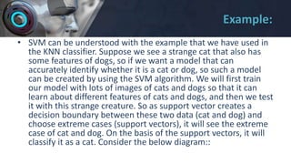 Example:
• SVM can be understood with the example that we have used in
the KNN classifier. Suppose we see a strange cat that also has
some features of dogs, so if we want a model that can
accurately identify whether it is a cat or dog, so such a model
can be created by using the SVM algorithm. We will first train
our model with lots of images of cats and dogs so that it can
learn about different features of cats and dogs, and then we test
it with this strange creature. So as support vector creates a
decision boundary between these two data (cat and dog) and
choose extreme cases (support vectors), it will see the extreme
case of cat and dog. On the basis of the support vectors, it will
classify it as a cat. Consider the below diagram::
 
