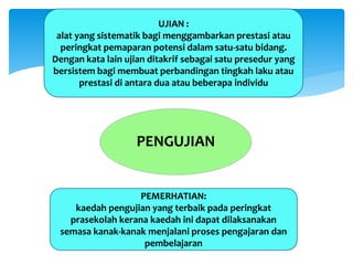 PENGUJIAN
UJIAN :
alat yang sistematik bagi menggambarkan prestasi atau
peringkat pemaparan potensi dalam satu-satu bidang.
Dengan kata lain ujian ditakrif sebagai satu presedur yang
bersistem bagi membuat perbandingan tingkah laku atau
prestasi di antara dua atau beberapa individu
PEMERHATIAN:
kaedah pengujian yang terbaik pada peringkat
prasekolah kerana kaedah ini dapat dilaksanakan
semasa kanak-kanak menjalani proses pengajaran dan
pembelajaran
 