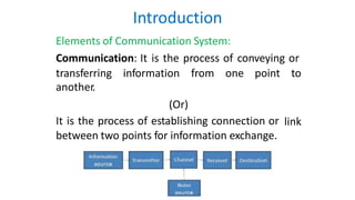 Introduction
Elements of Communication System:
Communication: It is the process of conveying or
transferring
another.
information from one point to
(Or)
It is the process of establishing connection or
between two points for information exchange.
link
 