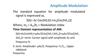 Amplitude Modulation
The standard equation for amplitude modulated
signal is expressed as,
S(t)= Ac Cos2πfct[1+ma(Cos2πfmt)]
Where, ma = Am/Ac = Modulation Index
Time Domain representation of AM:
S(t)=AcCos2πfct+μAc/2Cos[2πfc+2πfm]t+μAc/2Cos[2πfc-
2πfm]t I term: Carrier signal with amplitude Ac and
frequency fc.
II. term: Amplitude= μAc/2, frequency= fc+fm , Upper
sideband
frequency
 