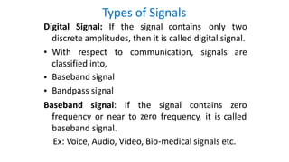 Types of Signals
Digital Signal: If the signal contains only two
discrete amplitudes, then it is called digital signal.
• With respect to communication, signals are
classified into,
Baseband signal
Bandpass signal
•
•
Baseband signal: If the
zero
signal contains zero
frequency or near to frequency, it is called
baseband signal.
Ex: Voice, Audio, Video, Bio-medical signals etc.
 