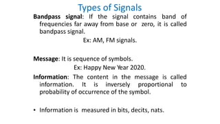 Types of Signals
Bandpass signal: If the signal contains band of
frequencies far away from base or zero, it is called
bandpass signal.
Ex: AM, FM signals.
Message: It is sequence of symbols.
Ex: Happy New Year 2020.
Information: The content in the message is called
information. It is inversely proportional to
probability of occurrence of the symbol.
• Information is measured in bits, decits, nats.
 