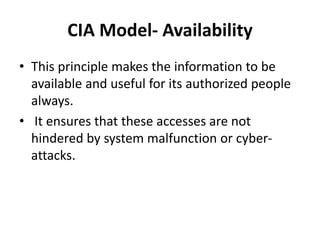 CIA Model- Availability
• This principle makes the information to be
available and useful for its authorized people
always.
• It ensures that these accesses are not
hindered by system malfunction or cyber-
attacks.
 