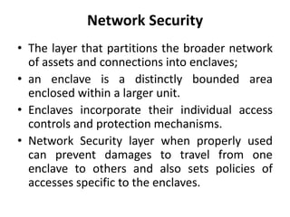 Network Security
• The layer that partitions the broader network
of assets and connections into enclaves;
• an enclave is a distinctly bounded area
enclosed within a larger unit.
• Enclaves incorporate their individual access
controls and protection mechanisms.
• Network Security layer when properly used
can prevent damages to travel from one
enclave to others and also sets policies of
accesses specific to the enclaves.
 