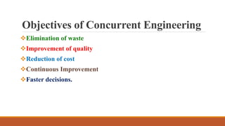 Elimination of waste
Improvement of quality
Reduction of cost
Continuous Improvement
Faster decisions.
Objectives of Concurrent Engineering
 