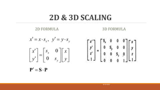 2D & 3D SCALING
30-10-2023
40
2D FORMULA 3D FORMULA
,
0
0
x y
x
y
x x s y y s
s
x x
s
y y
 
   
  
   
  
   

   
 
  
P S P
 