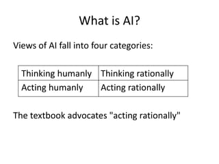 What is AI?
Views of AI fall into four categories:
Thinking humanly Thinking rationally
Acting humanly Acting rationally
The textbook advocates "acting rationally"
 