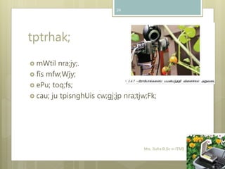 tptrhak;
 mWtil nra;jy;.
 fis mfw;Wjy;
 ePu; toq;fs;
 cau; ju tpisnghUis cw;gj;jp nra;tjw;Fk;
Mrs. Sufra B.Sc in ITMS , PGDE
24
 