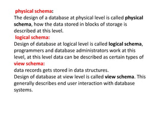 physical schema:
The design of a database at physical level is called physical
schema, how the data stored in blocks of storage is
described at this level.
logical schema:
Design of database at logical level is called logical schema,
programmers and database administrators work at this
level, at this level data can be described as certain types of
view schema:
data records gets stored in data structures.
Design of database at view level is called view schema. This
generally describes end user interaction with database
systems.
 