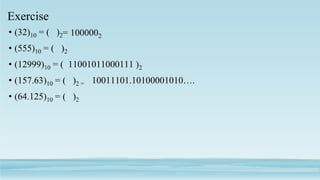 Exercise
• (32)10 = ( )2
• (555)10 = ( )2
• (12999)10 = ( 11001011000111 )2
• (157.63)10 = ( )2 = 10011101.10100001010….
• (64.125)10 = ( )2
= 1000002
 