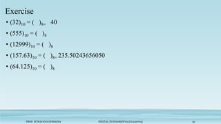 PROF. SUNAYANA DOMADIA DIGITAL FUNDAMENTALS (3130704) 32
Exercise
• (32)10 = ( )8= 40
• (555)10 = ( )8
• (12999)10 = ( )8
• (157.63)10 = ( )8= 235.50243656050
• (64.125)10 = ( )8
 