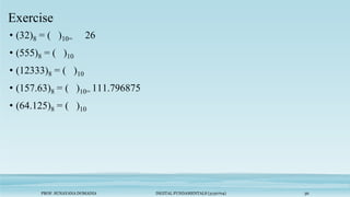 PROF. SUNAYANA DOMADIA DIGITAL FUNDAMENTALS (3130704) 36
Exercise
• (32)8 = ( )10= 26
• (555)8 = ( )10
• (12333)8 = ( )10
• (157.63)8 = ( )10= 111.796875
• (64.125)8 = ( )10
 