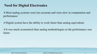 PROF. SUNAYANA DOMADIA DIGITAL FUNDAMENTALS (3130704) 4
Need for Digital Electronics
⮚Most analog systems were less accurate and were slow in computation and
performance
⮚Digital system have the ability to work faster than analog equivalents
⮚It was much economical than analog methodologies as the performance was
faster.
 