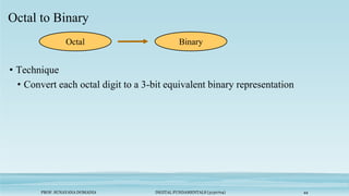 PROF. SUNAYANA DOMADIA DIGITAL FUNDAMENTALS (3130704) 44
Octal to Binary
• Technique
• Convert each octal digit to a 3-bit equivalent binary representation
Octal Binary
 