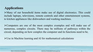 Applications
PROF. SUNAYANA DOMADIA DIGITAL FUNDAMENTALS (3130704) 6
⮚Many of our household items make use of digital electronics. This could
include laptops, televisions, remote controls and other entertainment systems,
to kitchen appliances like dishwashers and washing machines.
⮚Computers are one of the most complex examples and will make use of
numerous, complex circuits. There may be millions of pathways within the
circuit, depending on how complex the computer and its functions need to be.
⮚Use in Machine learning and AI for mathematical calculations
 
