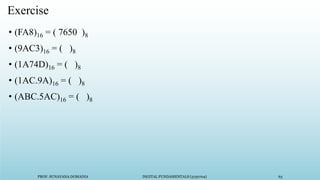 PROF. SUNAYANA DOMADIA DIGITAL FUNDAMENTALS (3130704) 63
Exercise
• (FA8)16 = ( 7650 )8
• (9AC3)16 = ( )8
• (1A74D)16 = ( )8
• (1AC.9A)16 = ( )8
• (ABC.5AC)16 = ( )8
 
