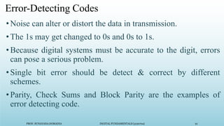 PROF. SUNAYANA DOMADIA DIGITAL FUNDAMENTALS (3130704) 91
Error-Detecting Codes
•Noise can alter or distort the data in transmission.
•The 1s may get changed to 0s and 0s to 1s.
•Because digital systems must be accurate to the digit, errors
can pose a serious problem.
•Single bit error should be detect & correct by different
schemes.
•Parity, Check Sums and Block Parity are the examples of
error detecting code.
 