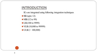 INTRODUCTION
3
ICs are integrated using following integration techniques
⚫SSI (upto 12)
⚫MSI (12 to 99)
⚫LSI(100 to 9999)
⚫VLSI (10,000 to 99999)
⚫ULSI (> 100,000)
3
 