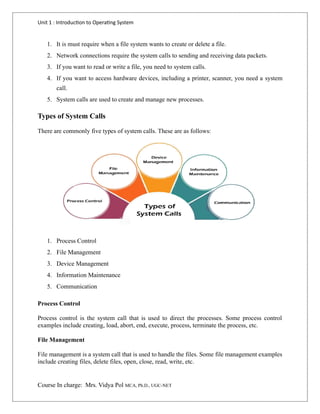 Unit 1 : Introduction to Operating System
Course In charge: Mrs. Vidya Pol MCA, Ph.D., UGC-NET
1. It is must require when a file system wants to create or delete a file.
2. Network connections require the system calls to sending and receiving data packets.
3. If you want to read or write a file, you need to system calls.
4. If you want to access hardware devices, including a printer, scanner, you need a system
call.
5. System calls are used to create and manage new processes.
Types of System Calls
There are commonly five types of system calls. These are as follows:
1. Process Control
2. File Management
3. Device Management
4. Information Maintenance
5. Communication
Process Control
Process control is the system call that is used to direct the processes. Some process control
examples include creating, load, abort, end, execute, process, terminate the process, etc.
File Management
File management is a system call that is used to handle the files. Some file management examples
include creating files, delete files, open, close, read, write, etc.
 