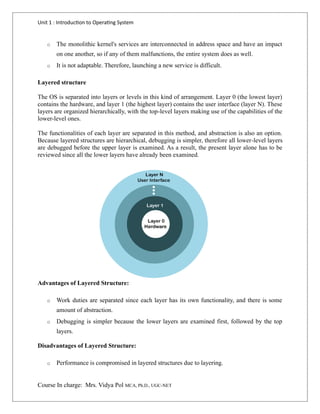 Unit 1 : Introduction to Operating System
Course In charge: Mrs. Vidya Pol MCA, Ph.D., UGC-NET
o The monolithic kernel's services are interconnected in address space and have an impact
on one another, so if any of them malfunctions, the entire system does as well.
o It is not adaptable. Therefore, launching a new service is difficult.
Layered structure
The OS is separated into layers or levels in this kind of arrangement. Layer 0 (the lowest layer)
contains the hardware, and layer 1 (the highest layer) contains the user interface (layer N). These
layers are organized hierarchically, with the top-level layers making use of the capabilities of the
lower-level ones.
The functionalities of each layer are separated in this method, and abstraction is also an option.
Because layered structures are hierarchical, debugging is simpler, therefore all lower-level layers
are debugged before the upper layer is examined. As a result, the present layer alone has to be
reviewed since all the lower layers have already been examined.
Advantages of Layered Structure:
o Work duties are separated since each layer has its own functionality, and there is some
amount of abstraction.
o Debugging is simpler because the lower layers are examined first, followed by the top
layers.
Disadvantages of Layered Structure:
o Performance is compromised in layered structures due to layering.
 