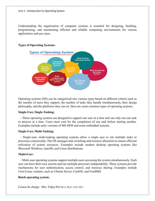 Unit 1 : Introduction to Operating System
Course In charge: Mrs. Vidya Pol MCA, Ph.D., UGC-NET
Understanding the organization of computer systems is essential for designing, building,
programming, and maintaining efficient and reliable computing environments for various
applications and use cases.
Types of Operating Systems:
Operating systems (OS) can be categorized into various types based on different criteria such as
the number of users they support, the number of tasks they handle simultaneously, their design
philosophy, and the platforms they run on. Here are some common types of operating systems:
Single-User, Single-Tasking:
- These operating systems are designed to support one user at a time and can only run one task
or process at a time. Users must wait for the completion of one task before starting another.
Examples include early versions of MS-DOS and some embedded systems.
Single-User, Multi-Tasking:
- Single-user, multi-tasking operating systems allow a single user to run multiple tasks or
processes concurrently. The OS manages task switching and resource allocation to ensure efficient
utilization of system resources. Examples include modern desktop operating systems like
Microsoft Windows, macOS, and Linux distributions.
Multi-User:
- Multi-user operating systems support multiple users accessing the system simultaneously. Each
user can have their own session and run multiple processes independently. These systems provide
mechanisms for user authentication, access control, and resource sharing. Examples include
Unix/Linux variants, such as Ubuntu Server, CentOS, and FreeBSD.
Batch operating system:
 