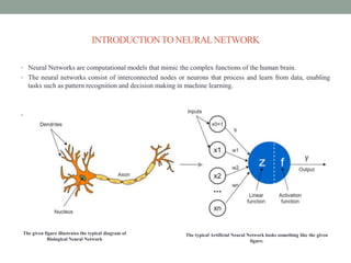 INTRODUCTIONTONEURALNETWORK
• Neural Networks are computational models that mimic the complex functions of the human brain.
• The neural networks consist of interconnected nodes or neurons that process and learn from data, enabling
tasks such as pattern recognition and decision making in machine learning.
•
The given figure illustrates the typical diagram of
Biological Neural Network
The typical Artificial Neural Network looks something like the given
figure.
 
