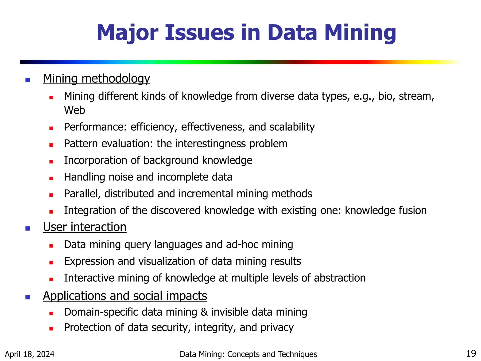 April 18, 2024 Data Mining: Concepts and Techniques 19 Major Issues in Data Mining  Mining methodology  Mining different kinds of knowledge from diverse data types, e.g., bio, stream, Web  Performance: efficiency, effectiveness, and scalability  Pattern evaluation: the interestingness problem  Incorporation of background knowledge  Handling noise and incomplete data  Parallel, distributed and incremental mining methods  Integration of the discovered knowledge with existing one: knowledge fusion  User interaction  Data mining query languages and ad-hoc mining  Expression and visualization of data mining results  Interactive mining of knowledge at multiple levels of abstraction  Applications and social impacts  Domain-specific data mining & invisible data mining  Protection of data security, integrity, and privacy 