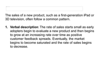 The sales of a new product, such as a first-generation iPad or
3D television, often follow a common pattern.
1. Verbal description: The rate of sales starts small as early
adopters begin to evaluate a new product and then begins
to grow at an increasing rate over time as positive
customer feedback spreads. Eventually, the market
begins to become saturated and the rate of sales begins
to decrease.
 