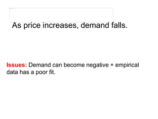 As price increases, demand falls.
Issues: Demand can become negative + empirical
data has a poor fit.
 